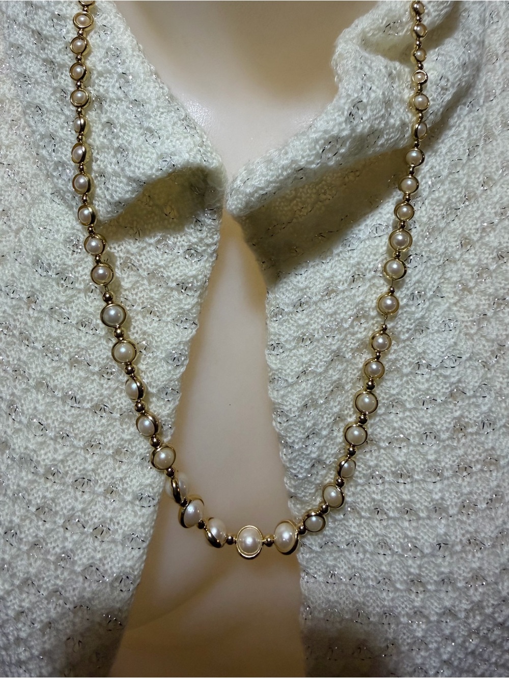 Vintage Marvella Pearl Gold Bezel Station Necklace